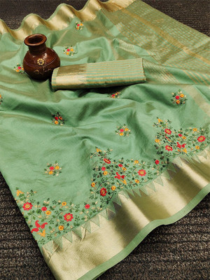 SERONA FABRICS Self Design, Printed, Embroidered, Woven Assam Silk Jacquard, Cotton Silk Saree(Light Green)