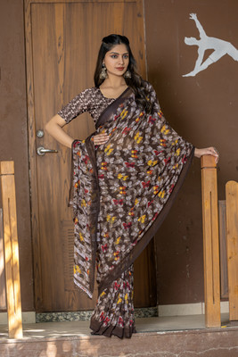 VIBHAGYAA Printed Daily Wear Chiffon Saree(Brown)