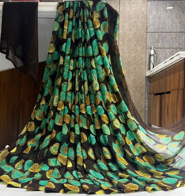 Bombey Velvat Fab Printed Kasavu Chiffon, Georgette Saree(Black)