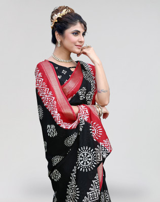 ANIRAV Printed Bollywood Jacquard, Art Silk Saree(Black, Red)