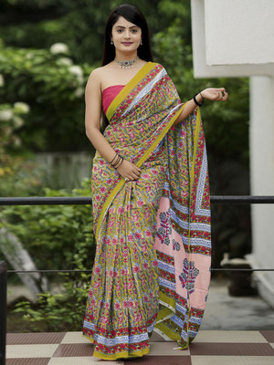Anouk Rustic Printed Daily Wear Cotton Blend Saree(Light Green)