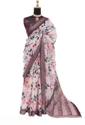 Marabout Digital Print Bollywood Cotton Linen Saree(White, Brown)