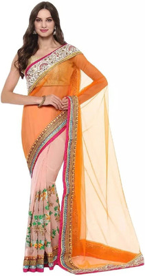 ROOP SUNDARI SAREES Embroidered Bollywood Georgette, Net Saree(Pink, Orange)