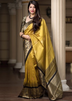 VENI ENTERPRISE Woven Kanjivaram Jacquard, Pure Silk Saree(Yellow)