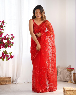 Divastri Embroidered Bollywood Net Saree(Red)