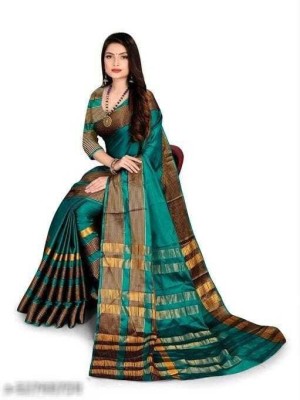 cpfashion Solid/Plain Banarasi Cotton Silk Saree(Dark Green)