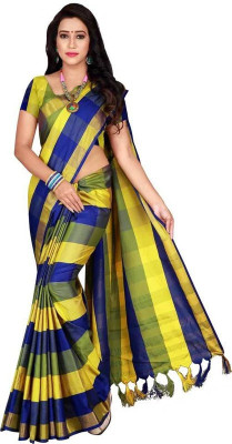 Bhagwati Creation Self Design Chanderi Cotton Silk Saree(Dark Blue, Yellow)