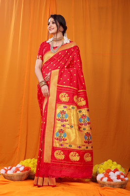 AMIRAT CLOTHING Self Design Paithani Jacquard Saree(Red)