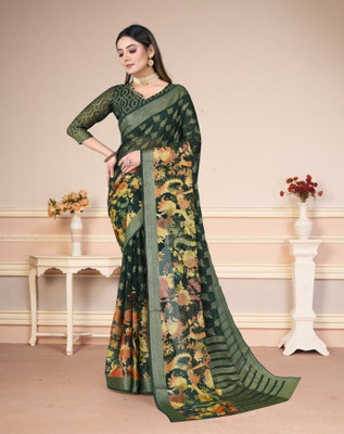 ROOP SUNDARI SAREES Printed Bollywood Chiffon, Brasso Saree(Dark Green)