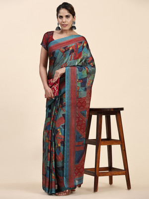 GOPINATH WEAVES Printed Daily Wear Chiffon Saree(Blue, Red)