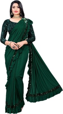 Memsaab Creation Self Design Bollywood Lycra Blend Saree(Dark Green)