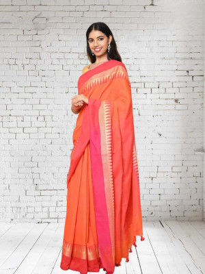GOURAB HANDLOOM Self Design Handloom Cotton Blend Saree(Orange)