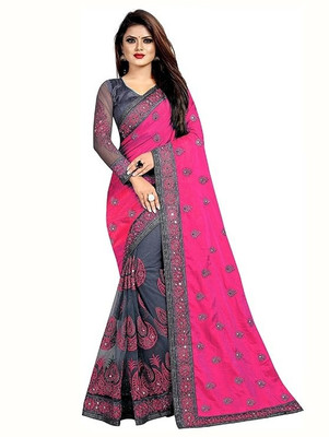Samai Embroidered Saree with Attached Blouse Net Saree(Pink)