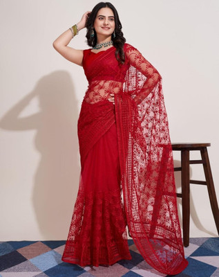 NIYANTAKSH Embroidered Bollywood Net Saree(Red)