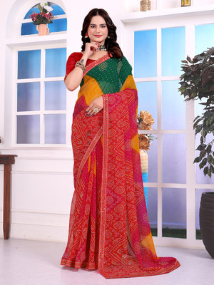 Kanooda Prints Floral Print Bandhani Georgette Saree(Red)