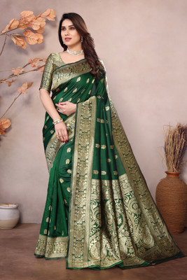 Pireva Self Design, Woven Banarasi Jacquard Saree(Green, Gold)