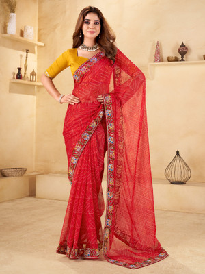 ANOUK Printed Bandhani Chiffon Saree(Red)