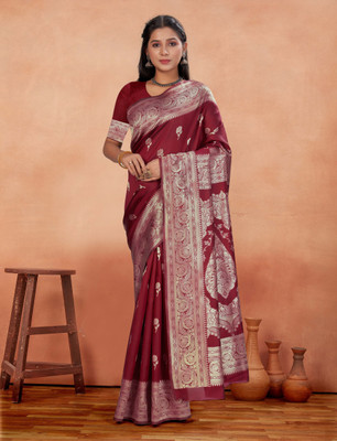 SOMVATI Self Design, Woven, Embellished Kanjivaram Art Silk, Jacquard Saree(Maroon)
