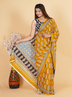 RAMNATH'S Printed, Color Block, Blocked Printed Ikkat Pure Cotton Saree(Mustard)