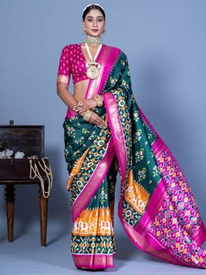 ANOUK Printed Pochampally Silk Blend Saree(Green)