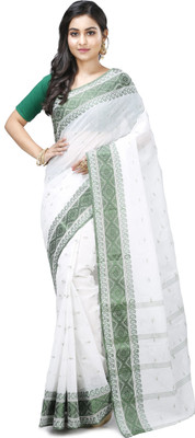PuJoy Self Design Tant Pure Cotton Saree(Green, White)