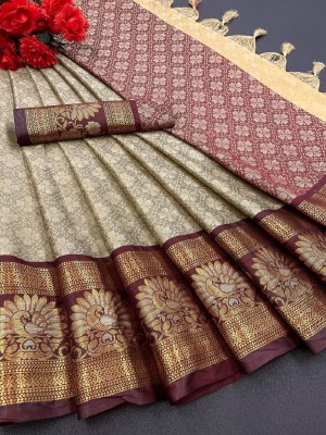 Julee Solid/Plain Kanjivaram Cotton Silk Saree(Brown)
