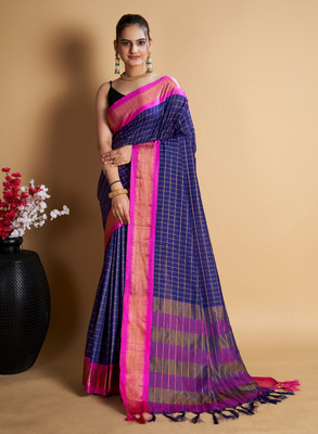 SICHYAH Checkered Kanjivaram Pure Silk Saree(Dark Blue)