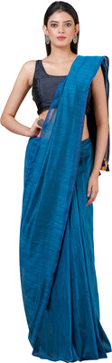 Durga Handlooms Solid/Plain Handloom Cotton Linen Saree(Blue)
