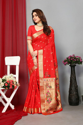 GOLDOLL FAB Woven Paithani Jacquard Saree(Red)