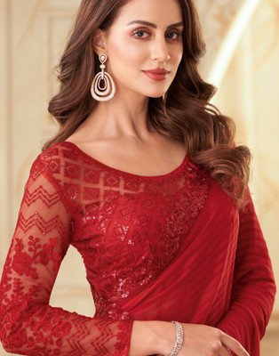 Samah Embroidered, Embellished Bollywood Georgette, Chiffon Saree(Red)