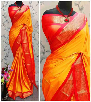 NST5 Self Design, Embellished, Woven Paithani Tissue, Cotton Silk Saree(Gold, Pink)
