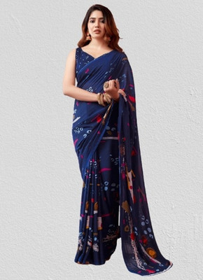 STYLEVEDA Printed Bollywood Georgette Saree(Dark Blue)
