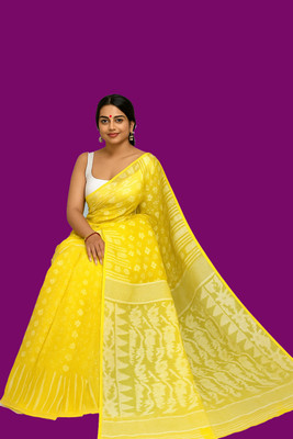 Happy Creation Printed Jamdani Handloom Cotton Blend Saree(Yellow)