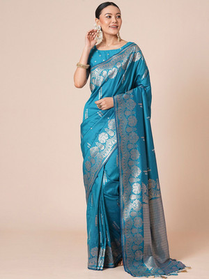 House of Pataudi Woven Paithani Silk Blend Saree(Blue)