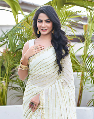 SIRIL Embroidered, Embellished Bollywood Georgette, Chiffon Saree(White, Gold)