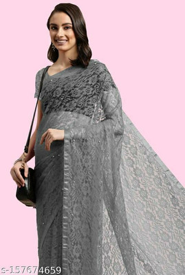 VioProm Floral Print Bollywood Net Saree(Grey)