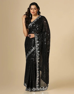 zili Embroidered, Striped, Self Design Bollywood Georgette Saree(Black)