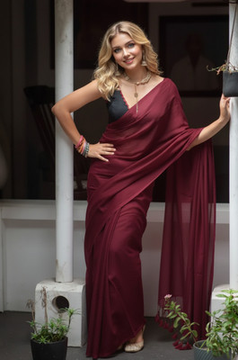 MISHABOUTIQUE Solid/Plain Handloom Mulmul Saree(Maroon)