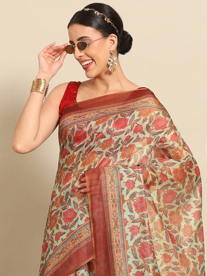 SILK ZONE Digital Print Chanderi Cotton Blend Saree(Green)