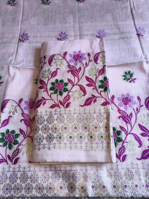 PNB Embroidered, Floral Print, Woven, Self Design Mekhela Chador Pure Cotton Saree(Purple)