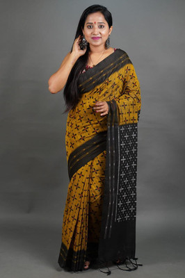 DAS TAXTILES Printed Sambalpuri Cotton Blend Saree(Yellow)