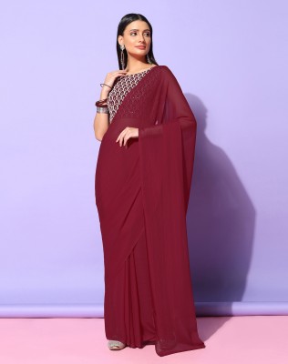 SIRIL Dyed, Solid/Plain Bollywood Georgette Saree(Maroon, White)