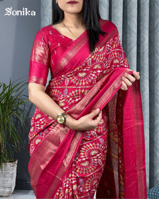 Sonika Fashions Printed Ikkat Cotton Silk Saree(Pink)