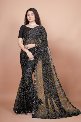 kumawat creation Printed Bandhani Georgette Saree(Black)