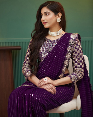 Satrani Embellished, Embroidered, Self Design Bollywood Georgette Saree(Purple)