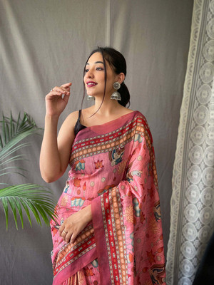 kriyafashion Digital Print Chanderi Cotton Linen Saree(Pink)