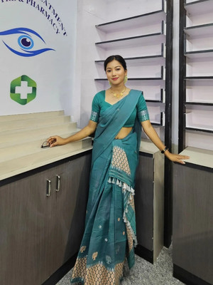 YINATZ KY GARCIA CREATION Woven Mekhela Chador Cotton Silk Saree(Dark Green)