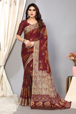 FABMORA Floral Print Bollywood Chiffon Saree(Maroon)