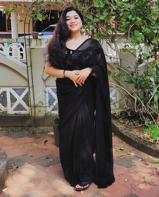 Anand Sarees Solid/Plain Bollywood Georgette Saree(Black)