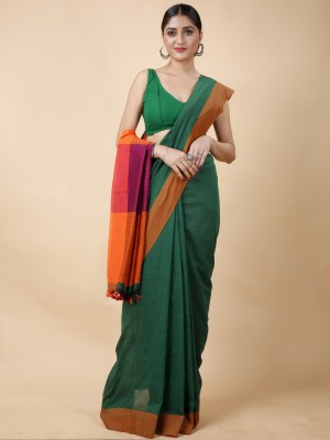 DipDiya Color Block Handloom Pure Cotton Saree(Dark Green)